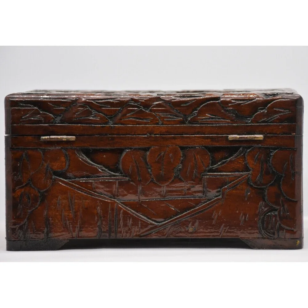 Classic Carved Asian Wooden Box with Red Felt Lining